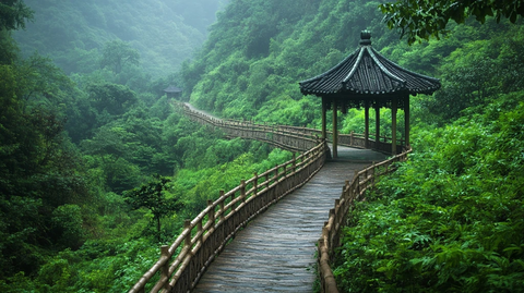 山林间的木制栈道与古亭的清幽景致