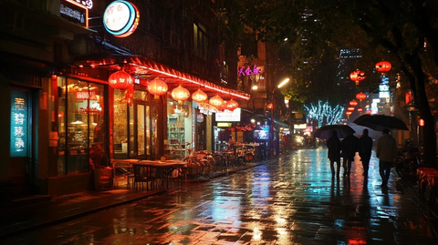 雨夜亮灯街道行人漫步的热闹景象