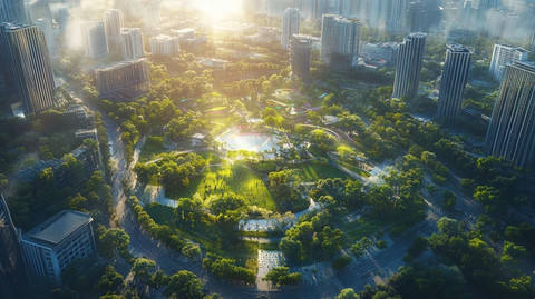 城市中绿树成荫的公园鸟瞰全景