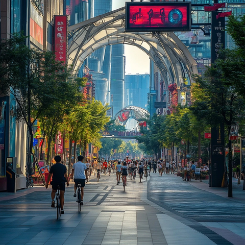 城市商业街中众多骑行者的繁忙景象