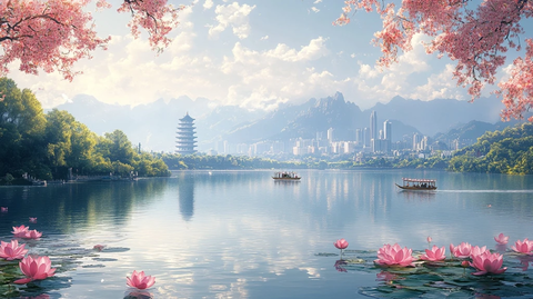 山水间的古塔与现代城市相映成趣