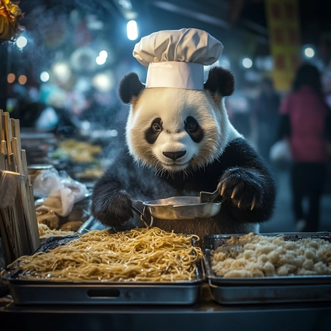 熊猫扮厨师在夜市烹饪食物的场景