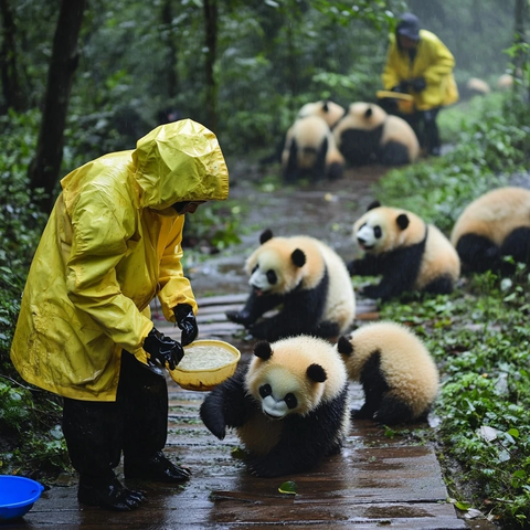 穿着雨衣的人在林间喂食熊猫