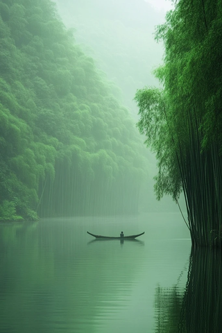 山水间小船独行的静谧景象