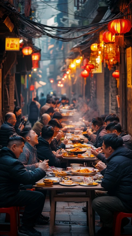 小巷中热闹的露天聚餐场景
