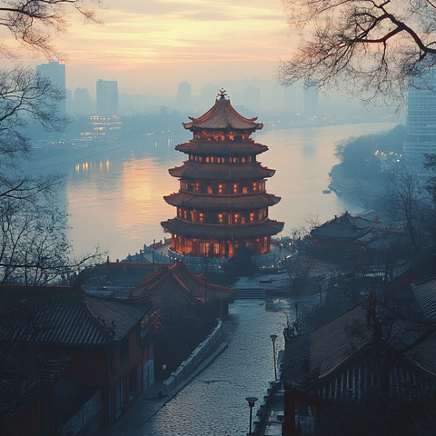 河边古楼阁夜景灯火辉煌古韵十足