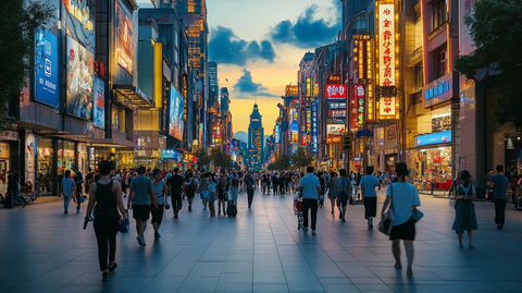 繁华商业步行街人来人往的热闹景象