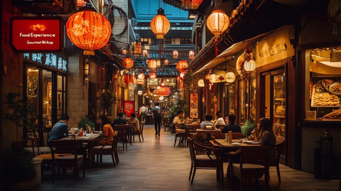 挂满红灯笼的特色美食街夜景