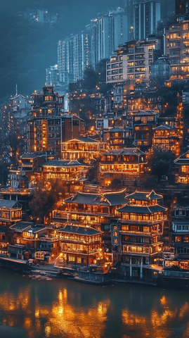 灯火辉煌的江边古建筑夜景