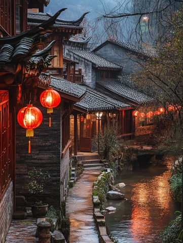 古色古香的水边村落夜景