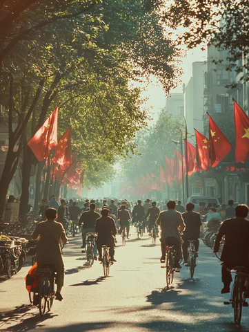 满街红旗飘扬众多市民骑自行车的街道