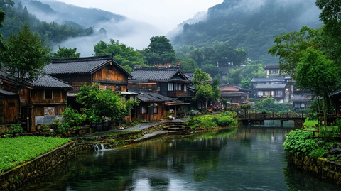 溪边古村风景静谧氛围中的传统建筑