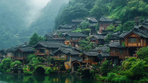 依山傍水的古村落风景