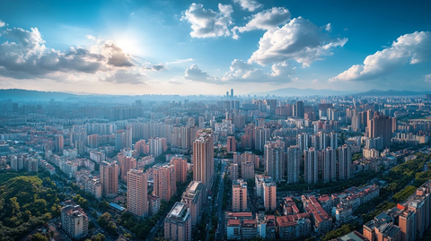 蓝天白云下的现代化城市鸟瞰全景