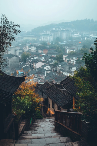 俯瞰古村落阶梯旁黑瓦房屋错落有致