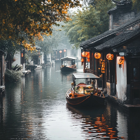 江南水乡水道上的行船风景