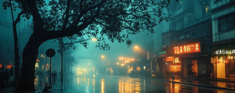 雨夜街头路灯映照潮湿街道景象