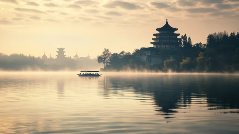 湖中小船与古建相映的宁静景象