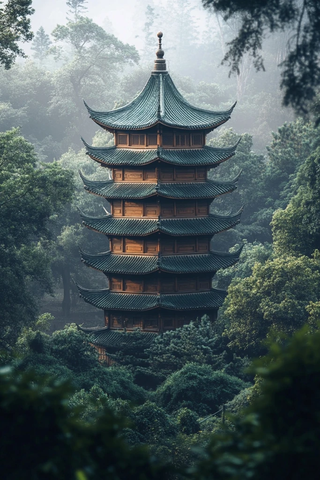 树林中古朴多层塔楼的远景画面