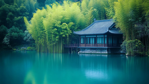水边竹林中的中式建筑