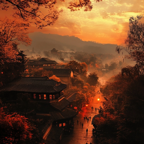 古镇黄昏全景暖光映照尽显古色古香