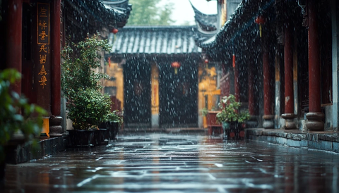 古建筑中的雨景
