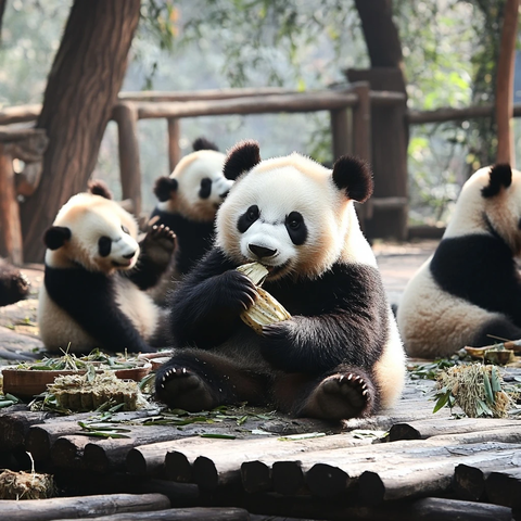 几只大熊猫坐在木台上进食的场景