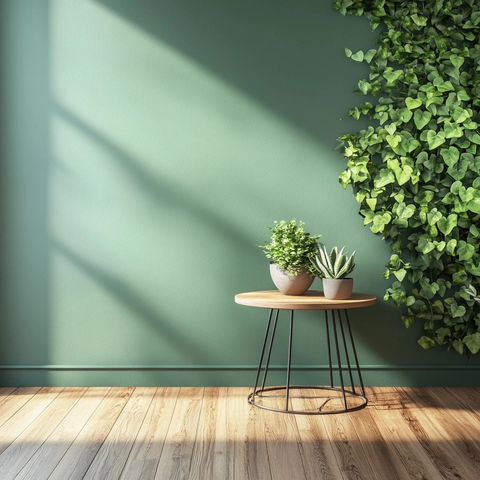 绿色墙面木质地板小桌植物