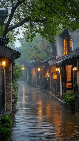 雨夜灯光下的江南水乡古巷