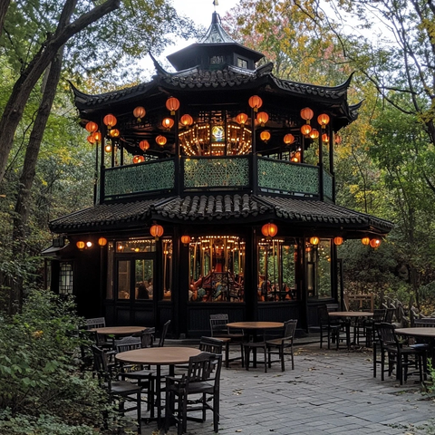 林中古色古香的多层亭子建筑