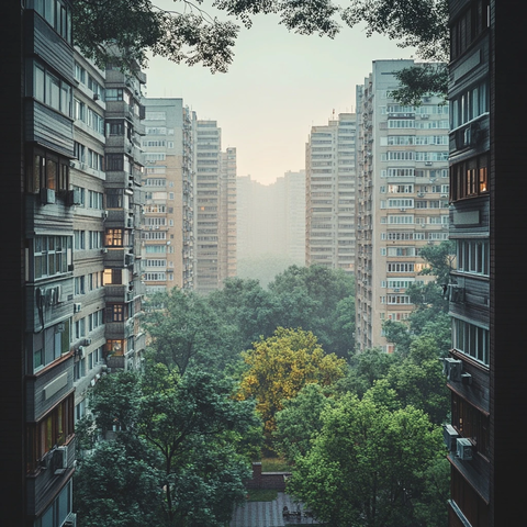 城市居民楼间绿树成荫的景象