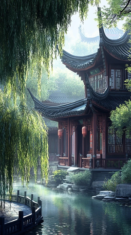 水边中式古典建筑风景