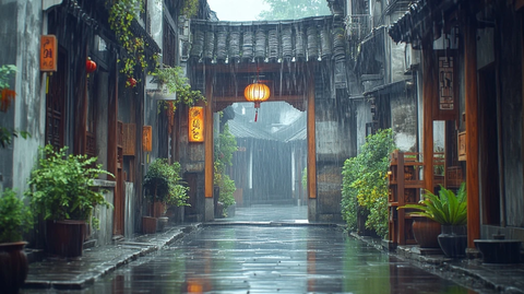 雨中古巷深幽静谧灯笼高挂绿植相伴