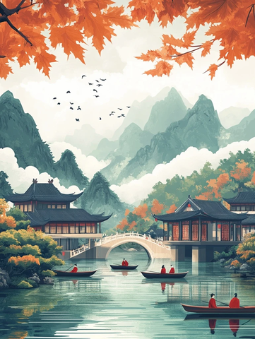中式建筑山水景观中的泛舟场景