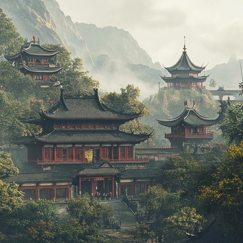 山间古色古香的中式传统建筑全景