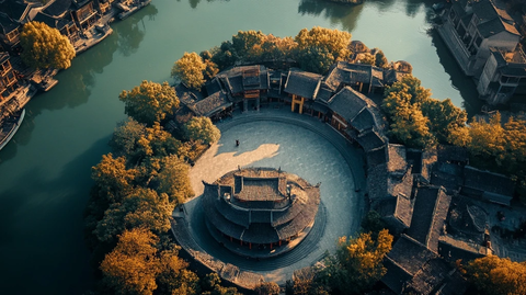 古建筑环绕的水上圆形场地鸟瞰图