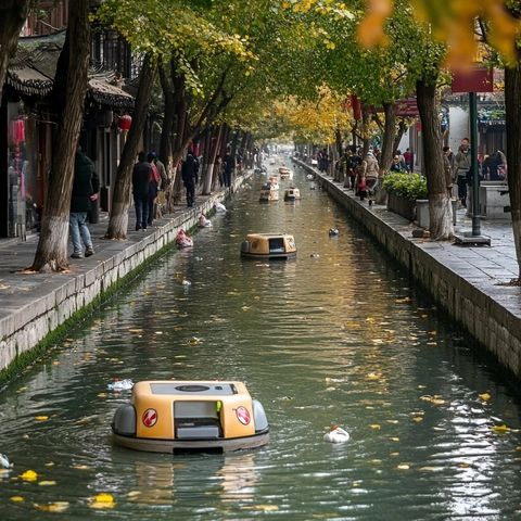 水道中行驶着小船的城市街道场景
