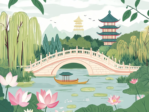 中式园林景观中拱桥与小船相映成趣