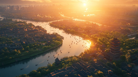 古城镇河景鸟瞰图