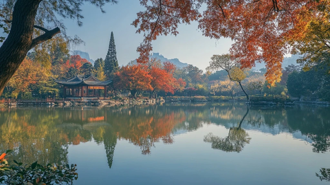 秋日湖泊中式亭台景观倒影如画