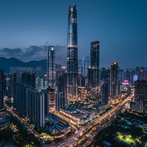 暮色下的繁华都市夜景鸟瞰全景