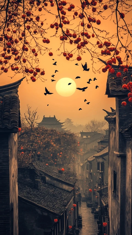 古村落斜阳飞鸟中式建筑的唯美意境
