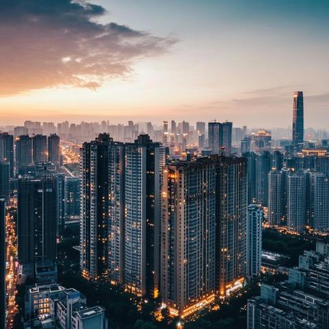 城市天际线黄昏下的高楼大厦俯瞰全景