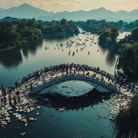 水上石桥人群聚集风景照