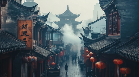 古街中弥漫烟雾传统建筑尽显古朴韵味