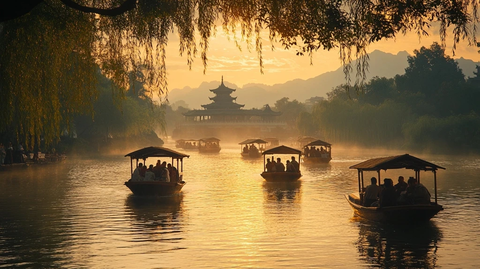 水上小船成群古典建筑背景似江南水乡