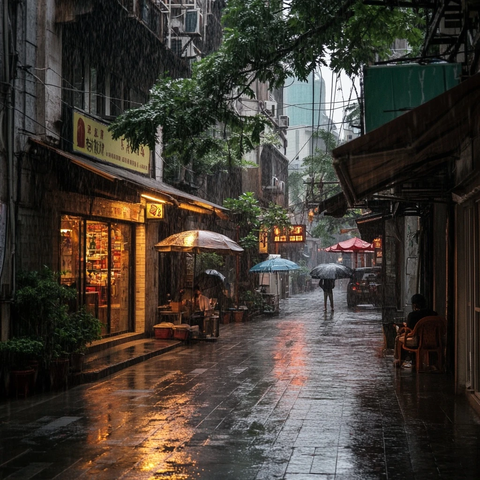 雨中老街行人撑伞漫步的市井景象