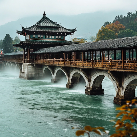 古风廊桥横跨河流的壮观景象