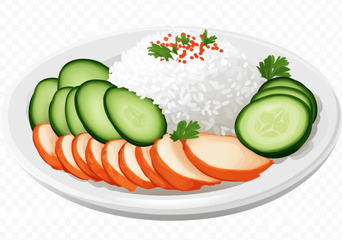 白盘米饭鸡肉黄瓜片