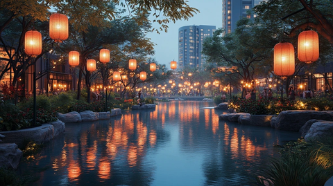 挂着红灯笼的河畔夜景